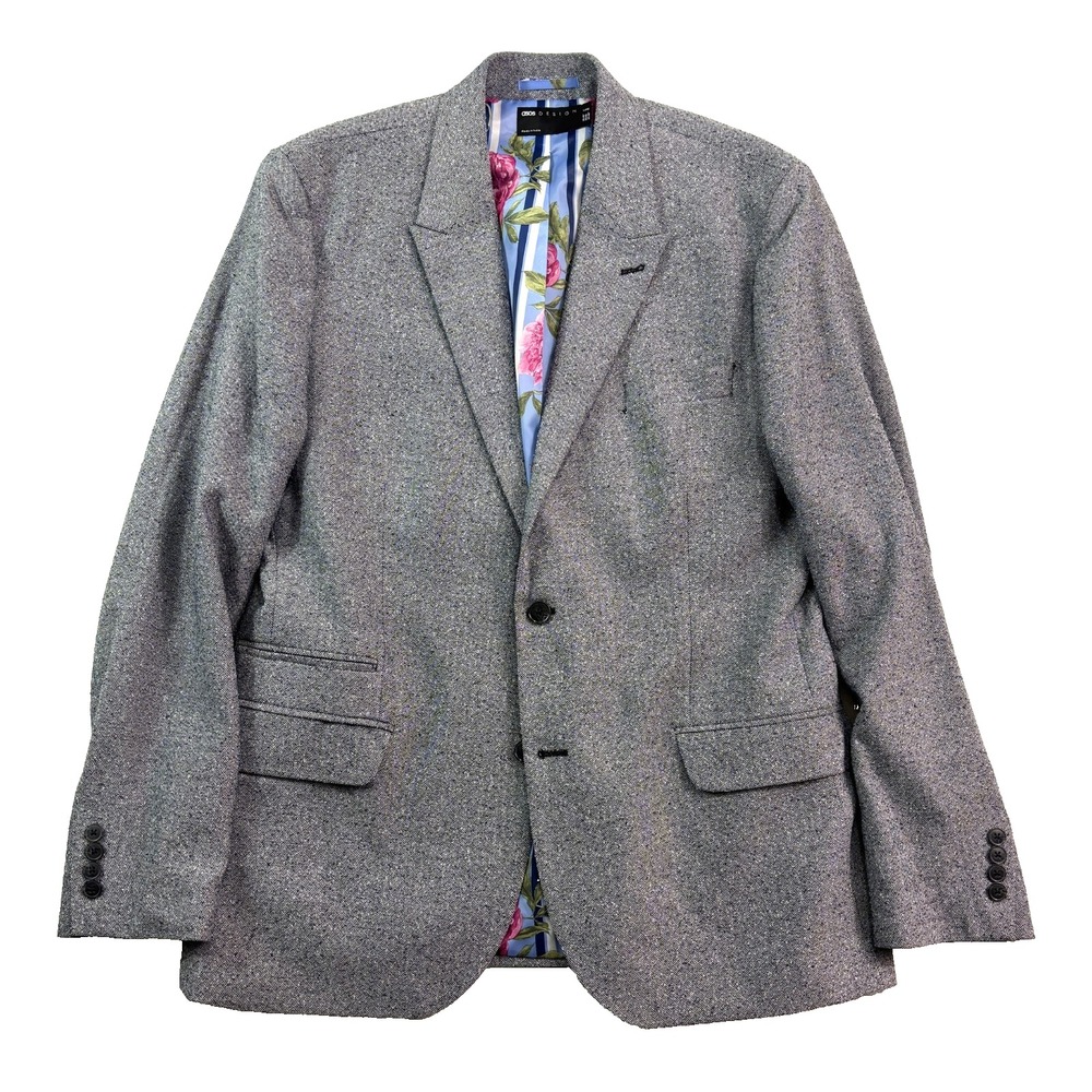 ASOS 46L Black White Herringbone Tweed Blazer Jacket Sport Suit Coat Peak Slim